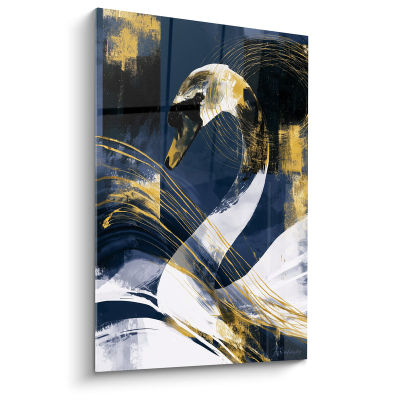 Tableau Cygne blanc et bleu marine aux mèches dorées filantes - Damier abstrait en fond - Edition Cygne