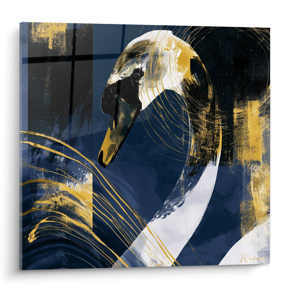 Blue and Gold Swan Painting with Striped Neck - Golden Wireline Strokes - Swan Edition