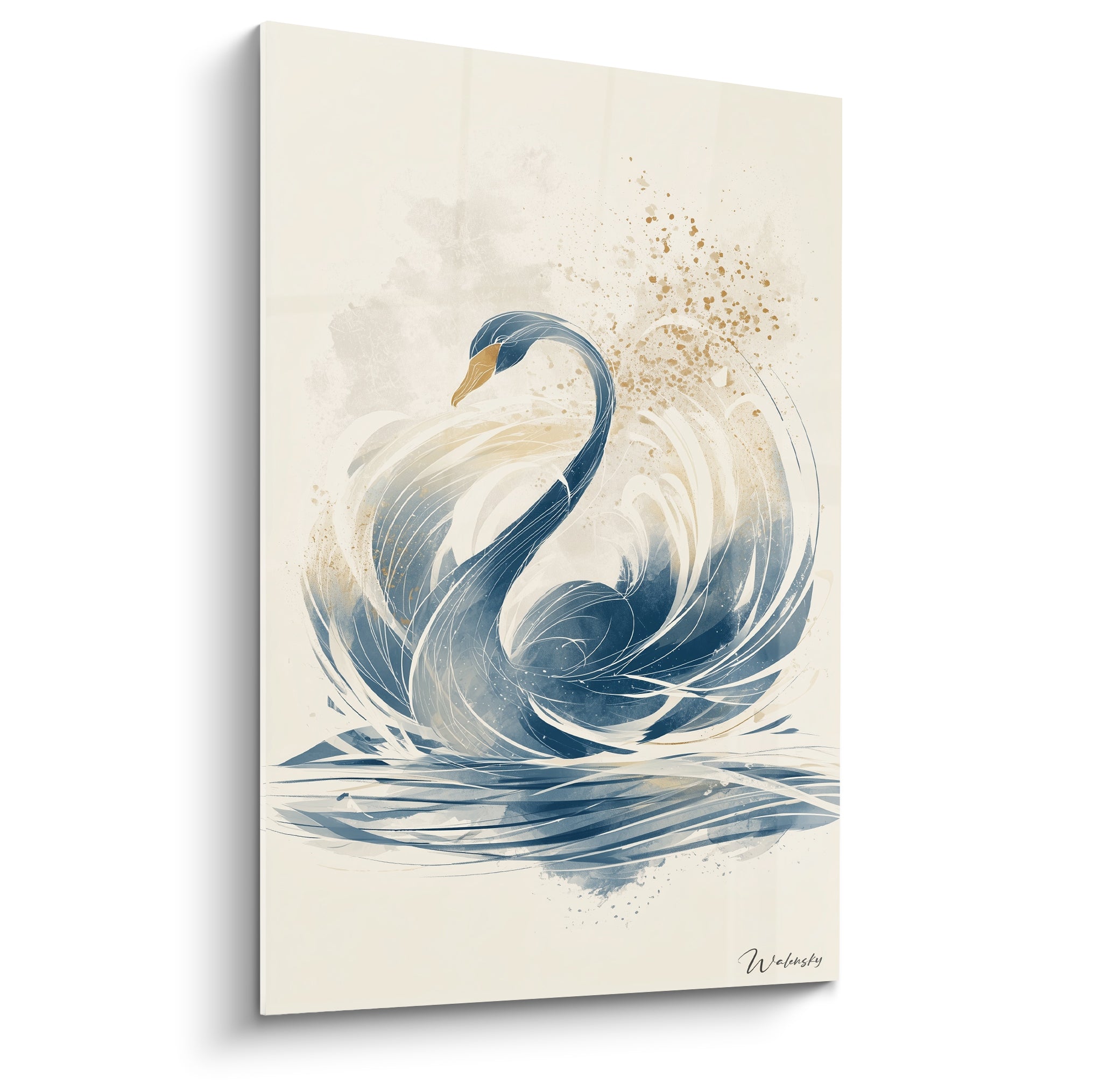 Cygne bleu marine aux plumes fluides et bec doré sur fond beige crème texturé