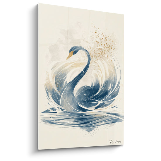 Cygne bleu marine aux plumes fluides et bec doré sur fond beige crème texturé