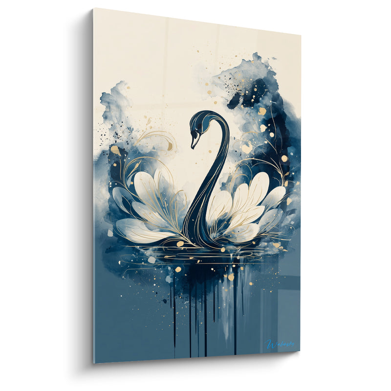 Tableau Cygne bleu marine et ivoire au cou fililigrane - Coulures d'encre verticales - Edition Cygne