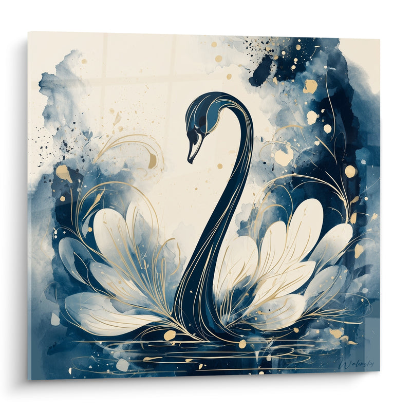 Tableau Cygne bleu marine et doré aquarelle - Élégance nocturne - Edition Cygne