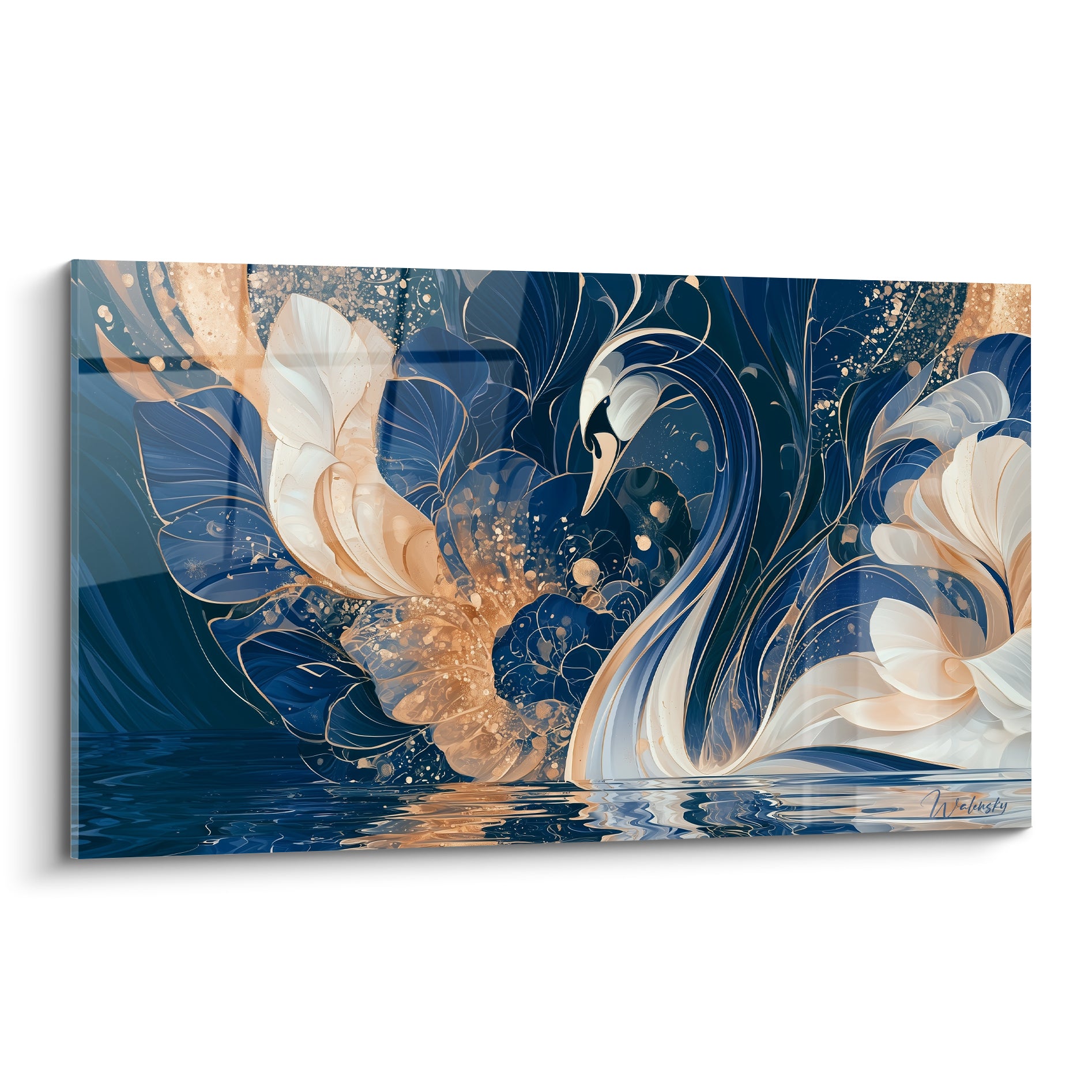 Cygne bleu marine au cou gracieux entouré de pétales dorés et motifs floraux stylisés