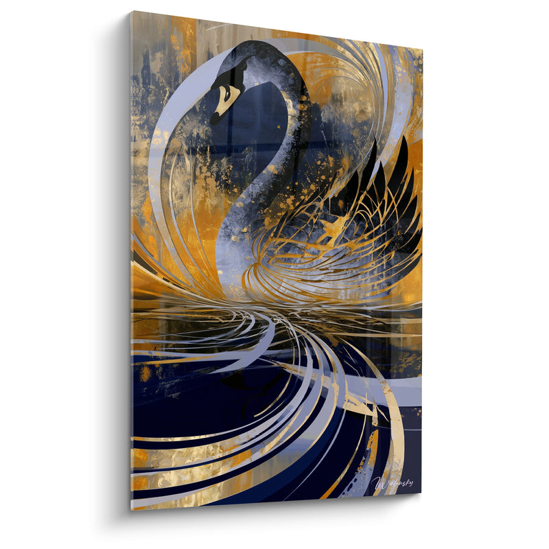 Tableau Cygne bleu marine et doré aux ailes tourbillonnantes - Traits filaires argentés - Edition Cygne