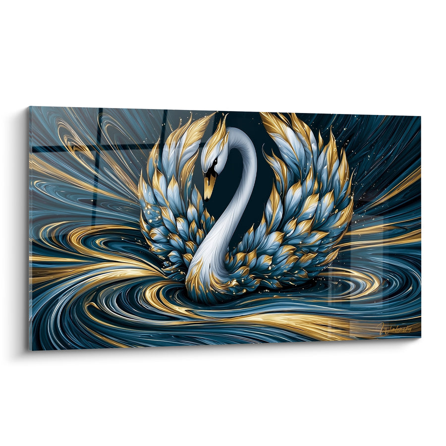 Tableau Cygne aux ailes bleu marine et dorées - Tourbillon majestueux - Edition Cygne