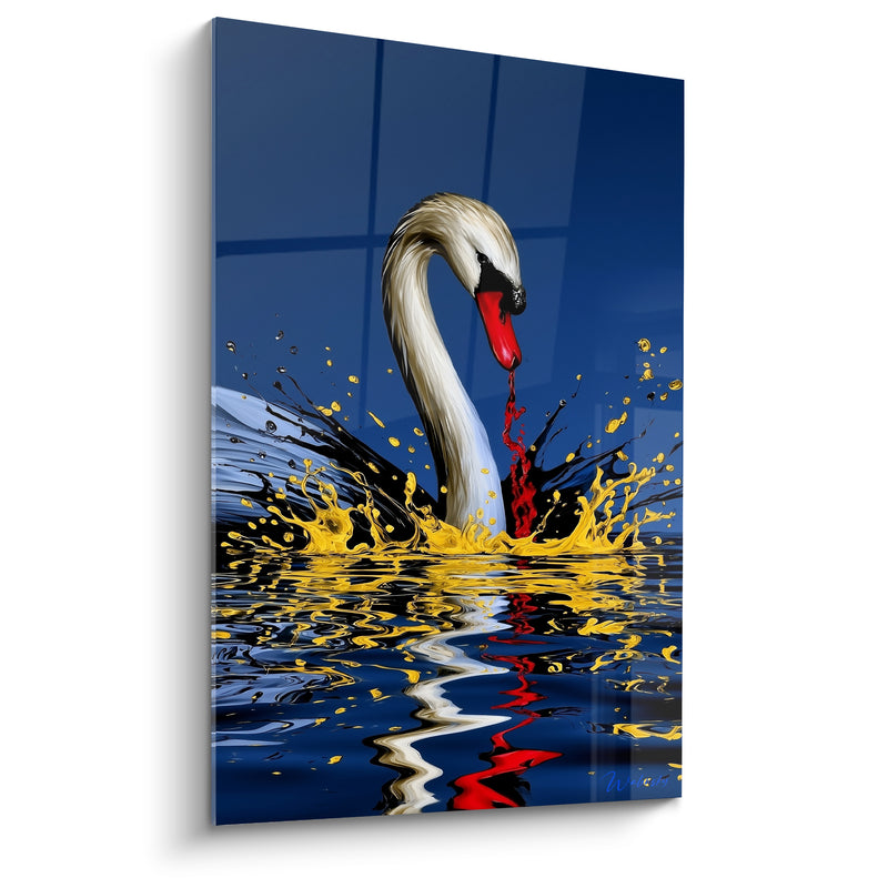 Tableau Cygne blanc au bec rouge, éclaboussures dorées - Émergence flamboyante - Edition Cygne