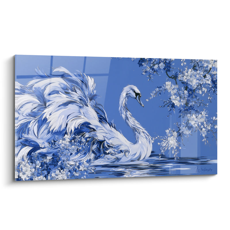 Tableau Cygne blanc et bleu sous fleurs de cerisier - Plumage tourbillonnant fleuri - Edition Cygne