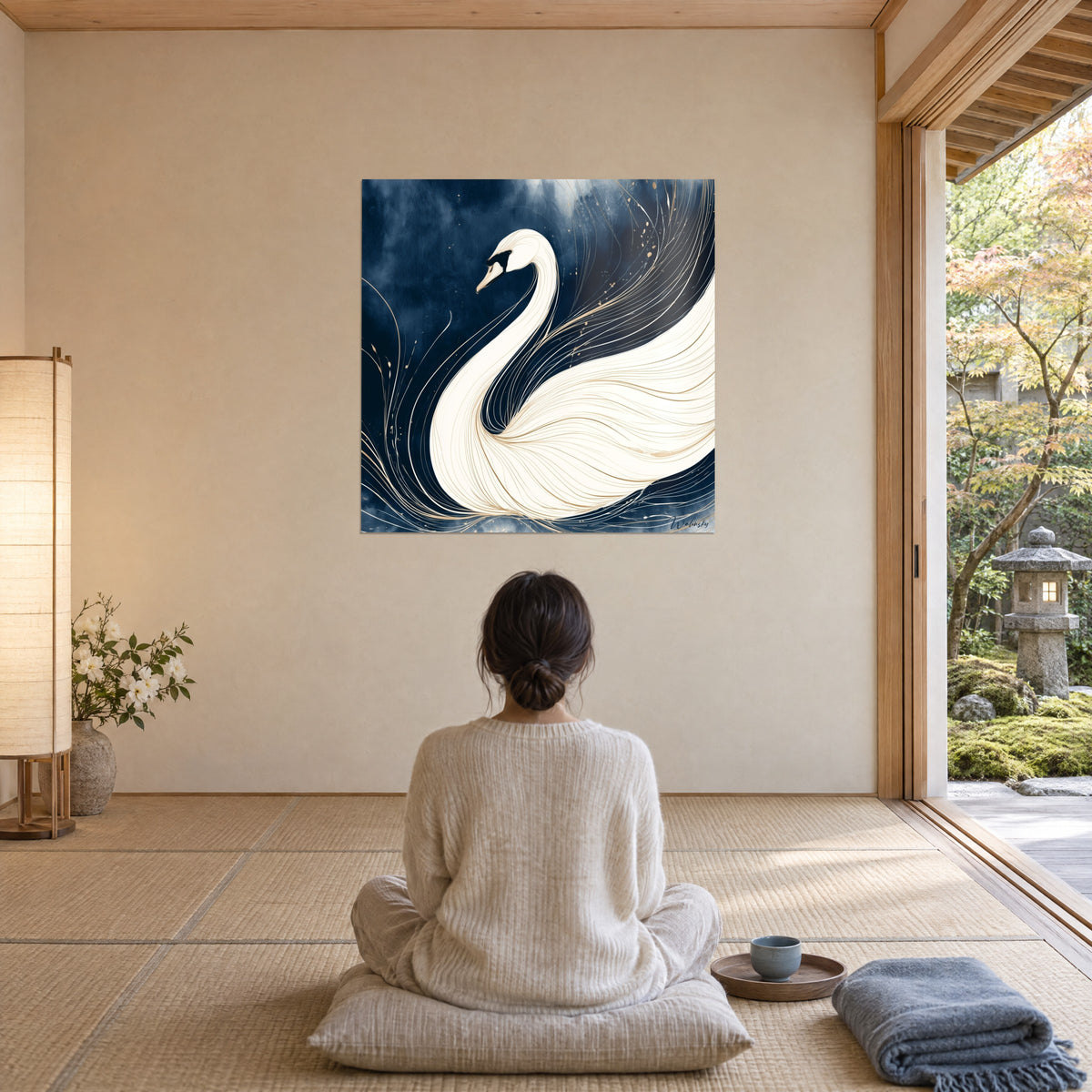 Cuadro cisne majestuoso con líneas doradas sobre azul marino, frente a una mujer de espaldas sentada con las piernas cruzadas sobre un cojín, jardín zen