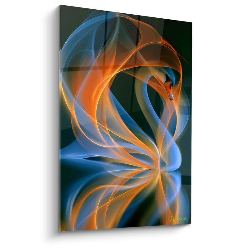 Tableau Cygne bleu et orange aux volutes lumineuses - Danse de lumière - Edition Cygne