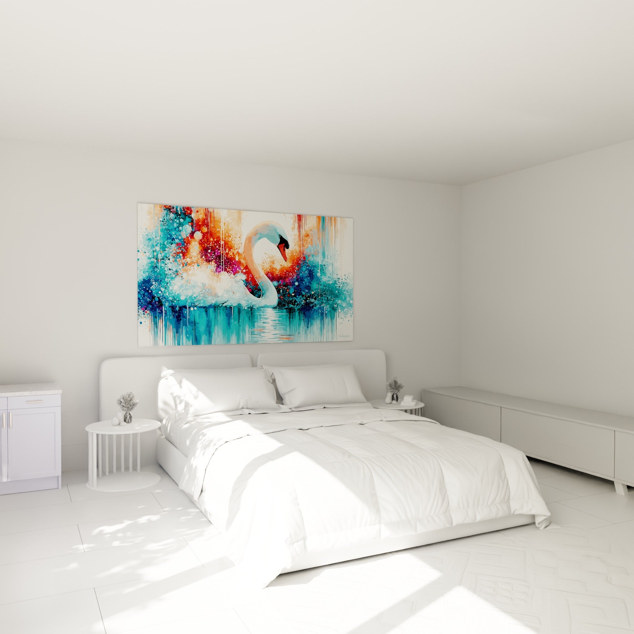 Silhouette de cygne blanc et bec orangé accrochée au-dessus d'un lit dans une chambre claire