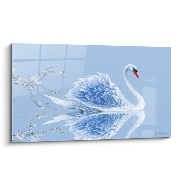 Blue Powdered Swan Painting with Spread Wings - Mirror of Serenity - Swan Edition