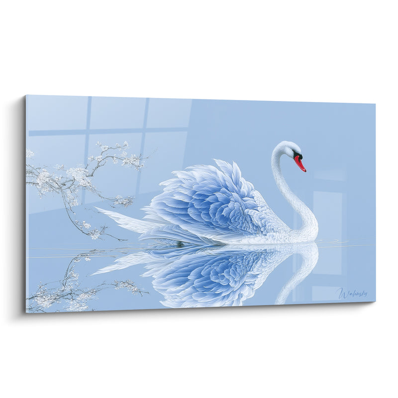 Tableau Cygne bleu poudré aux ailes déployées - Miroir de sérénité - Edition Cygne