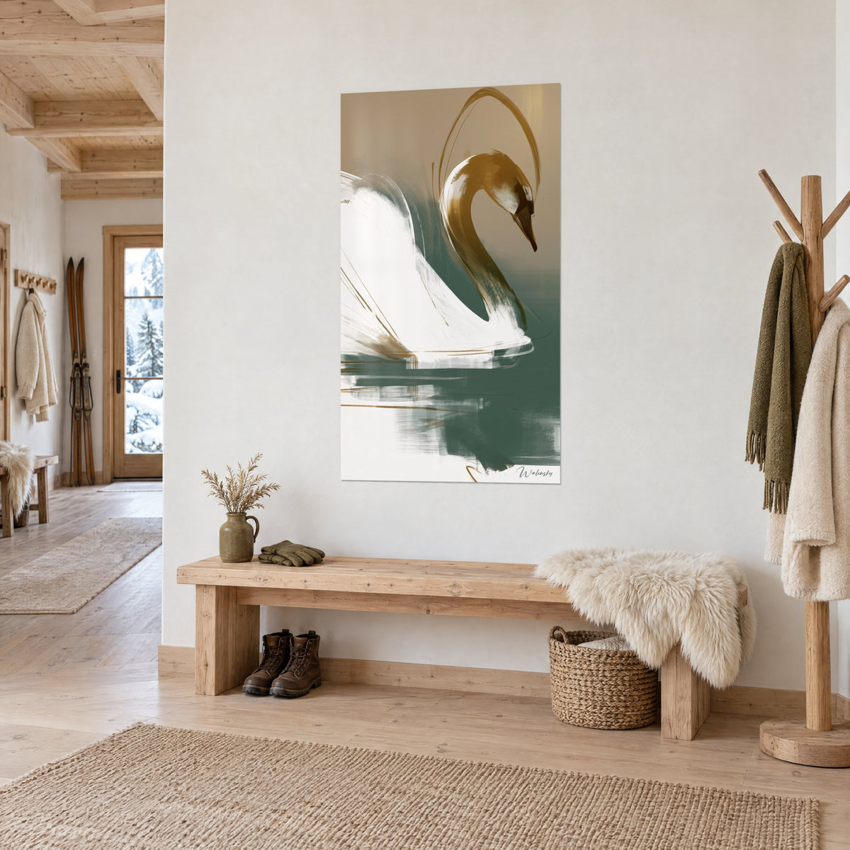 Wall art cream and ochre waterbird, golden loop above its head, on a sand-colored background, in a chalet entrance