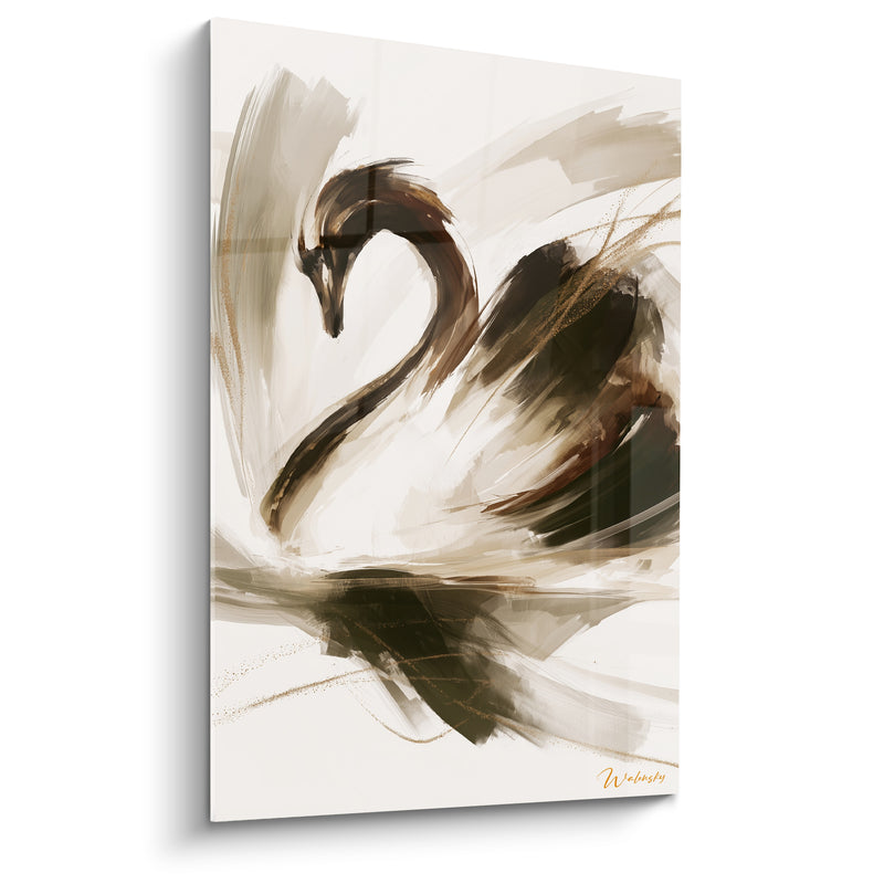 Tableau Cygne brun et ivoire aux traits balayés - Éclats de sable doré - Edition Cygne