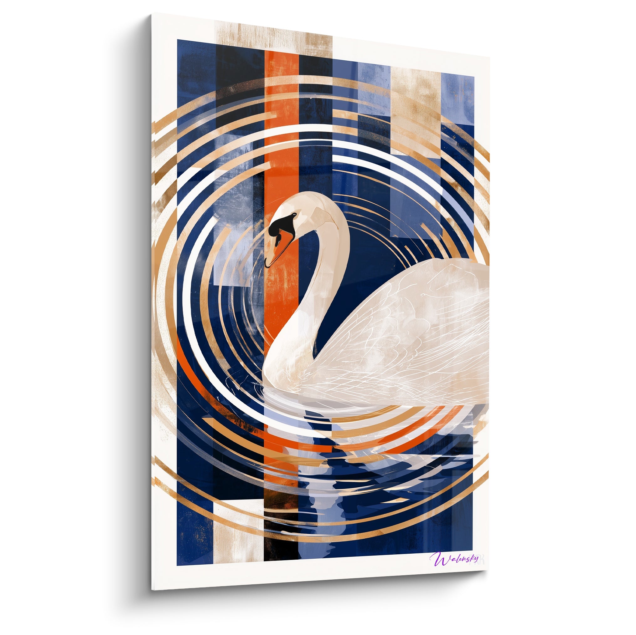 Cygne blanc au cou gracile entouré de cercles dorés sur fond bleu marine et terracotta