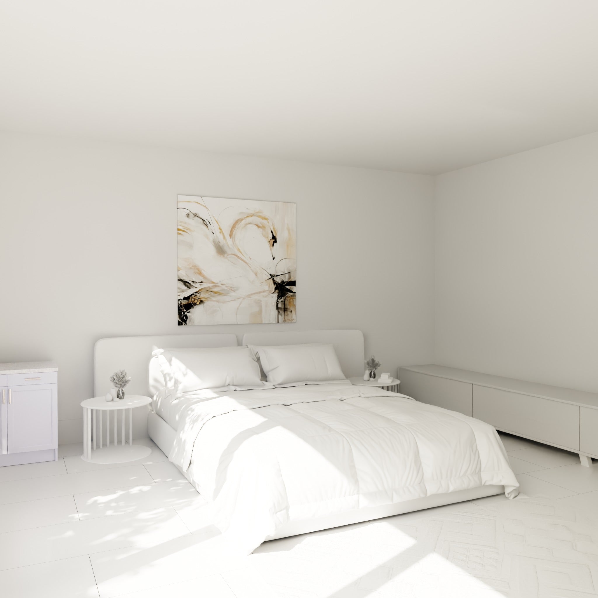 Cygne penché aux nuances dorées et blanches accroché au-dessus d'un lit dans une chambre claire