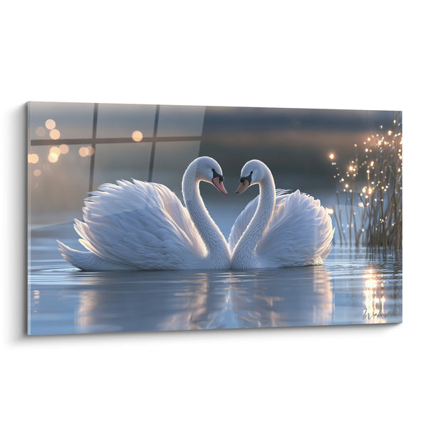 White and Blue Swans Forming a Heart - Sparkling Reeds at Dusk - Swan Edition