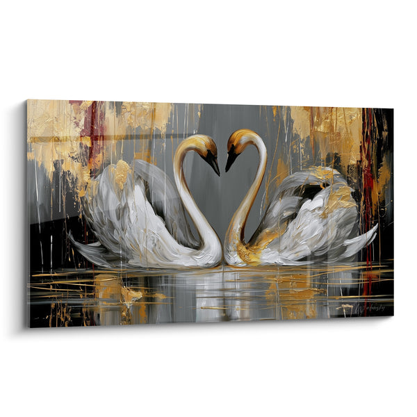 White and Grey Swans Forming a Golden Heart - Vertical Golden Drippings - Swan Edition