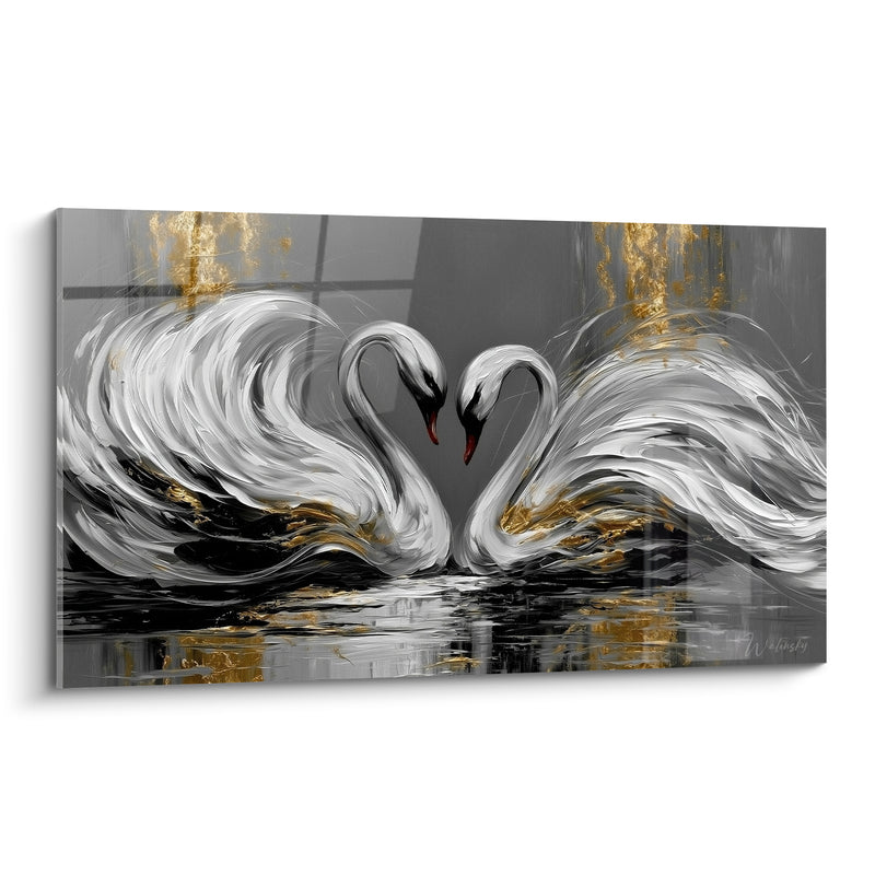 Tableau Cygnes blancs et gris formant un cœur - Becs rouges affrontés - Edition Cygne