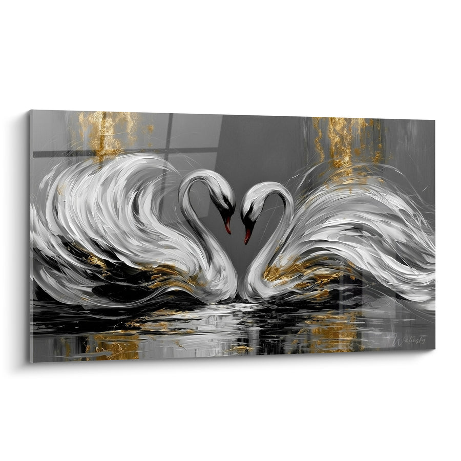 Tableau Cygnes blancs et gris formant un cœur - Becs rouges affrontés - Edition Cygne