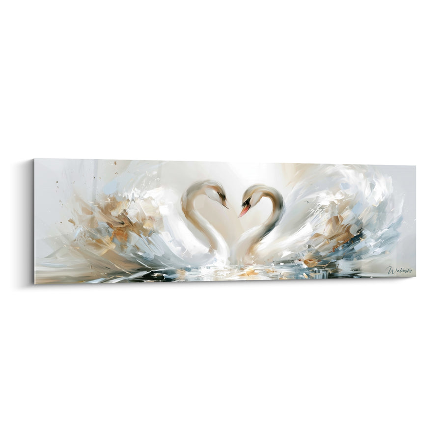 White and Beige Swans Forming a Heart Painting - Affectionate Duo Facing Each Other - Swan Edition