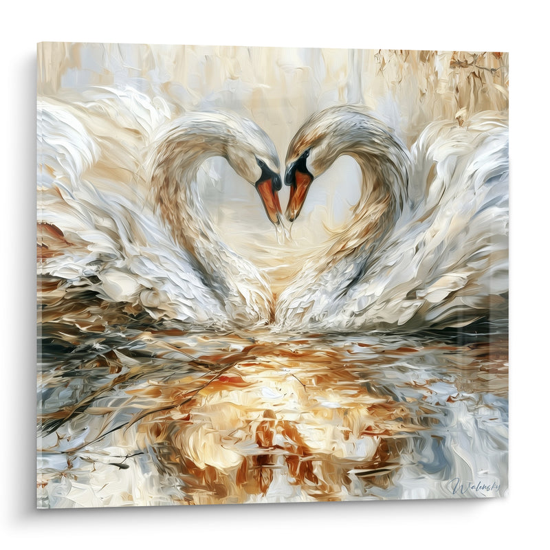 Tableau Cygnes blancs formant un cœur doré - Étreinte amoureuse - Edition Cygne