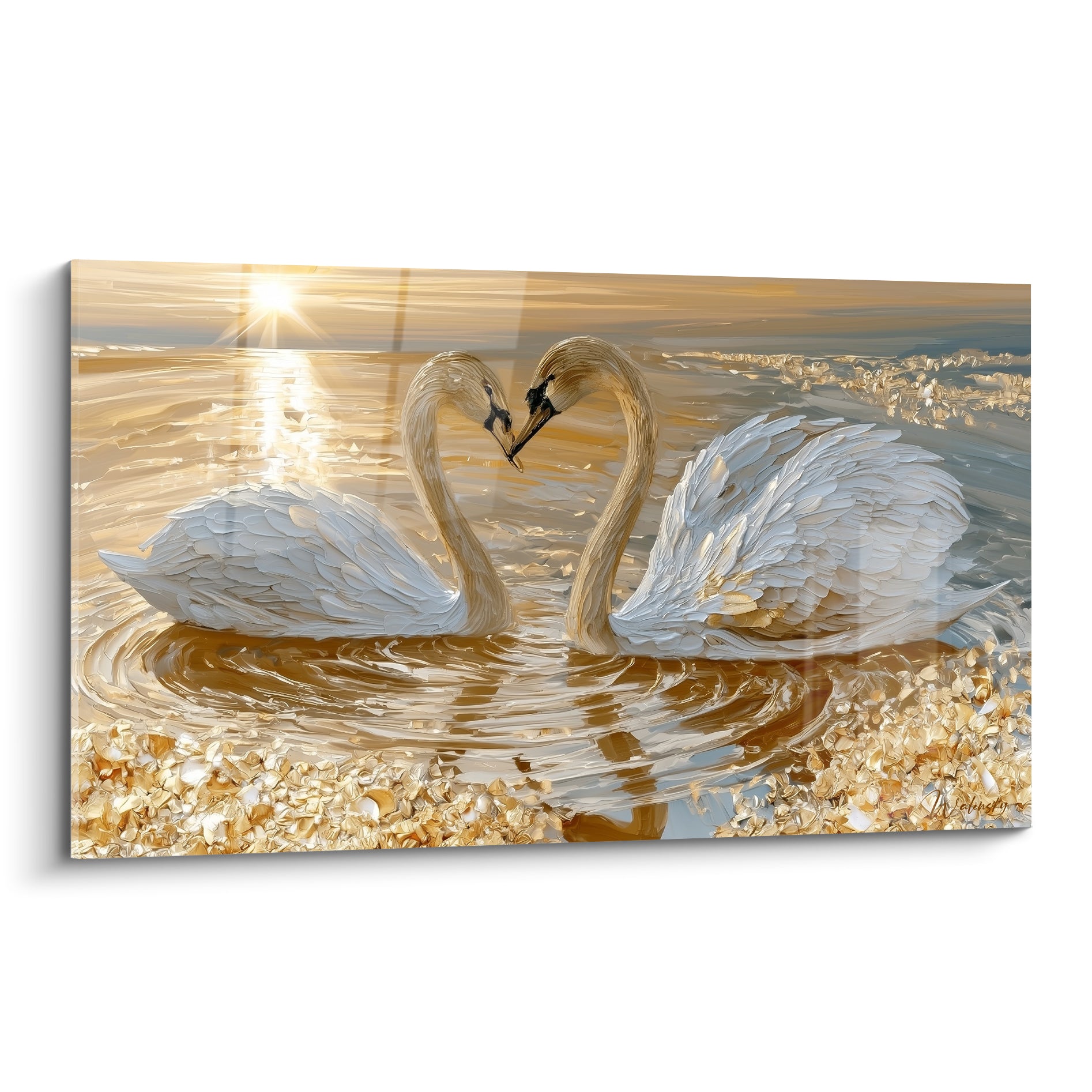 Cygnes blancs aux cous dorés formant un cœur devant un soleil éclatant sur l'eau ocre