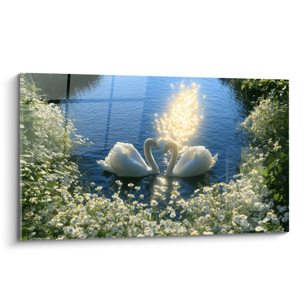 Gemälde Weiße Schwäne und Blau umgeben von Margeriten - Funkelnde Sonnenreflexion - Edition Schwan