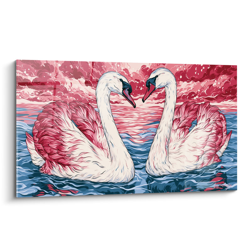 Tableau Deux cygnes roses et blancs formant un cœur - Cous entrelacés - Edition Cygne