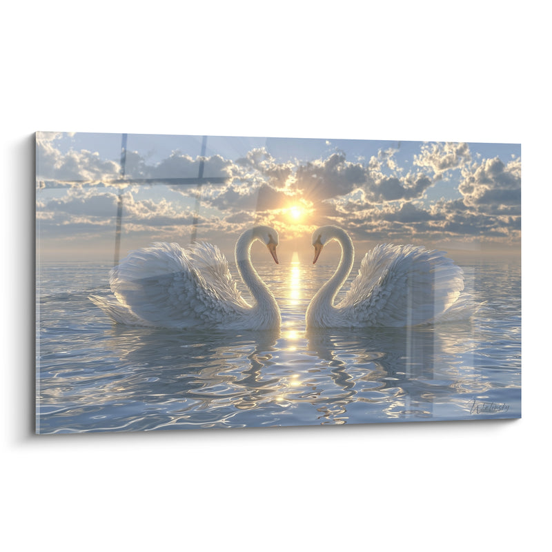 Tableau Cygnes blancs et bleus formant un cœur face au soleil - Ciel nuageux lumineux - Edition Cygne