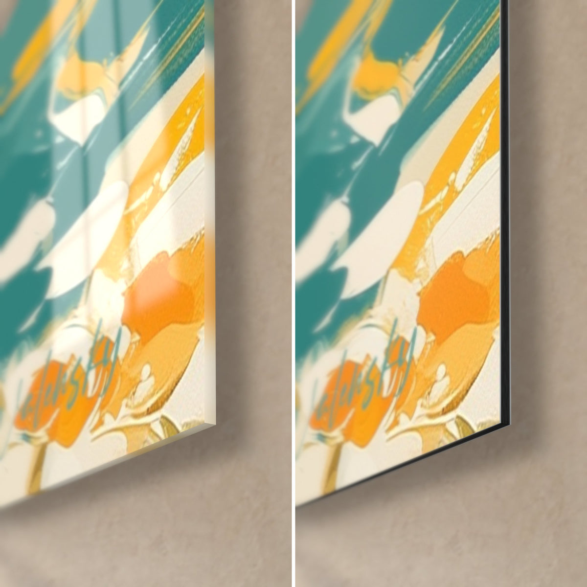 Tableau palmipède blanc, coin bas droit en touches orange et ivoire sur fond sarcelle, tranche noire de 3 mm, verre et Dibond