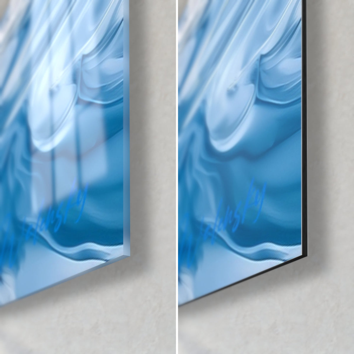 Tableau cygne en peinture bleu azur et blanc, coin bas droit : verre acrylique brillant reflétant la lumière, Dibond noir mat, tranche de 3 mm