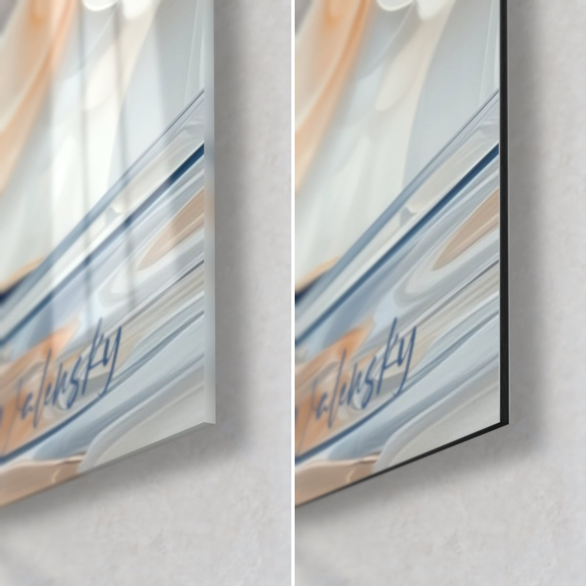 Tableau cygne en volutes bleu nuit et abricot, coin bas droit : verre acrylique brillant à gauche, Dibond mat et tranche à droite