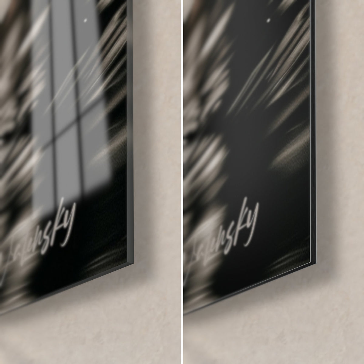 Tableau cygne ivoire et doré, coin bas droit : verre acrylique brillant à gauche, alu Dibond noir mat à droite, tranche de 3 mm