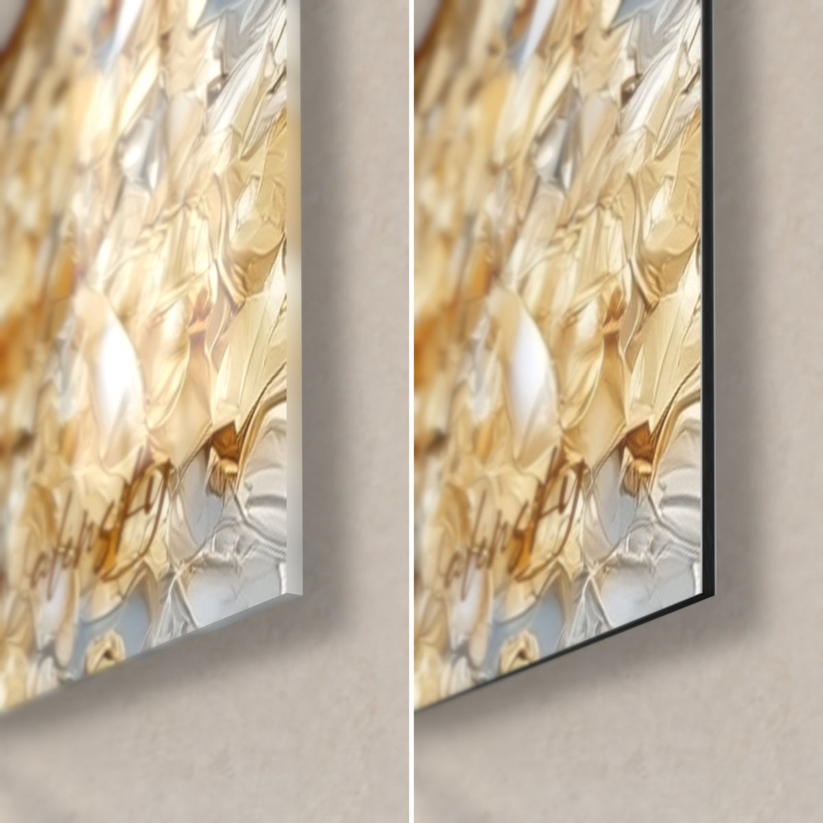 Quadro di cigni in pasta madreperlacea, angolo in basso a destra: vetro acrilico lucido a sinistra, Dibond nero opaco a destra, spessore del bordo 3 mm
