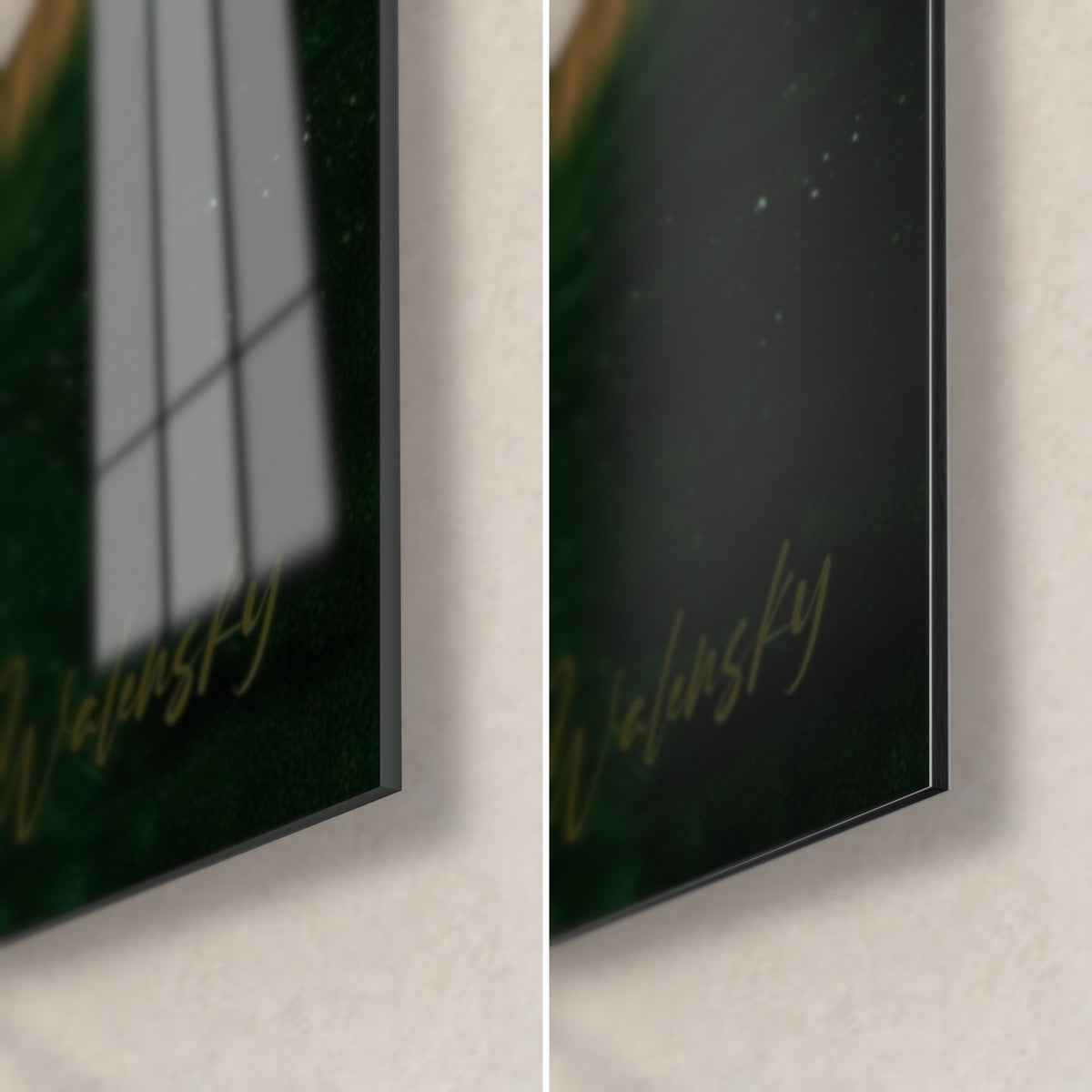 Tableau palmipède immaculé sur eau noire et verte, coin bas droit : verre acrylique brillant et alu Dibond mat, tranche 3 mm