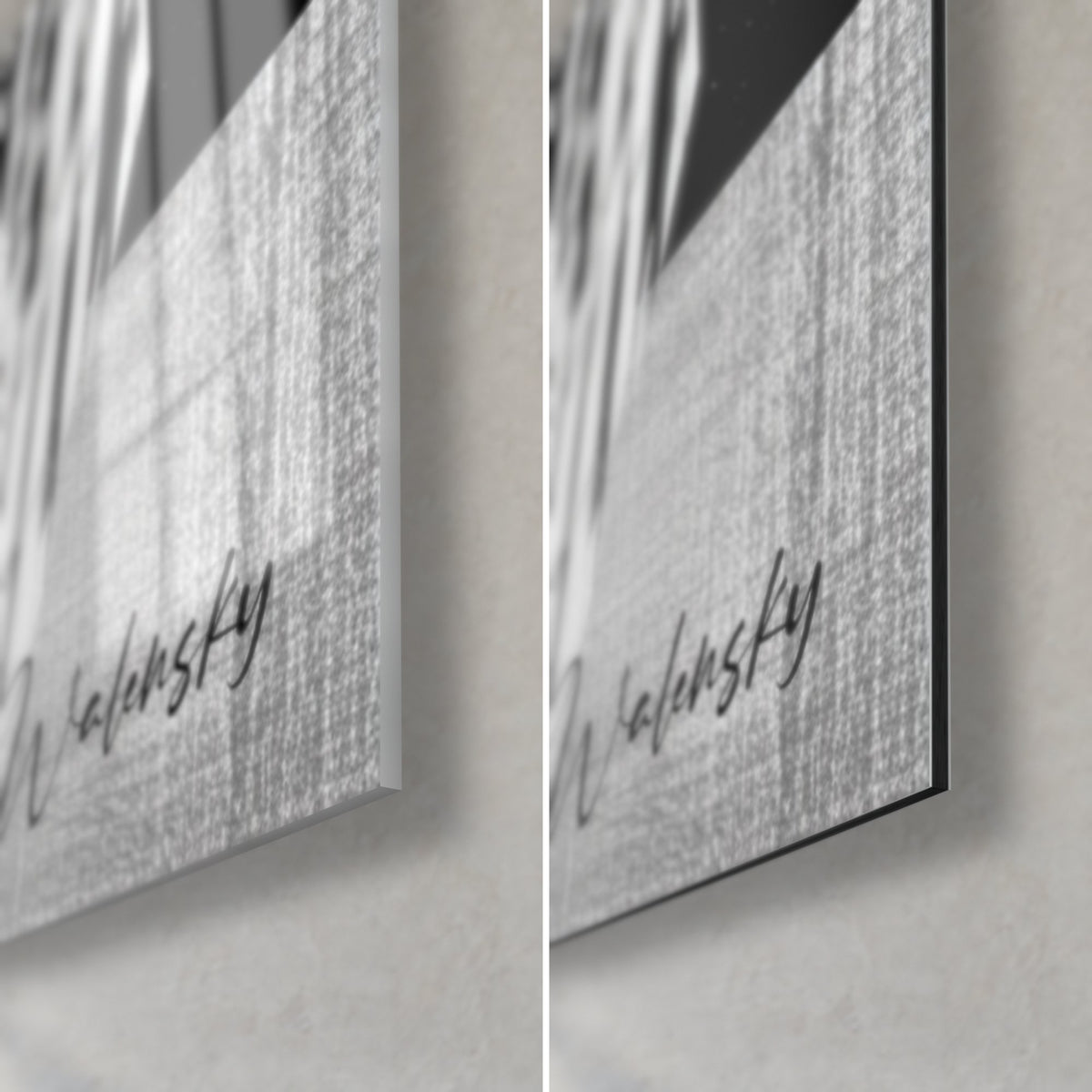 Tableau cygne noir et blanc, signature Walensky, coin bas droit en verre brillant et en Dibond mat, tranche de 3 mm