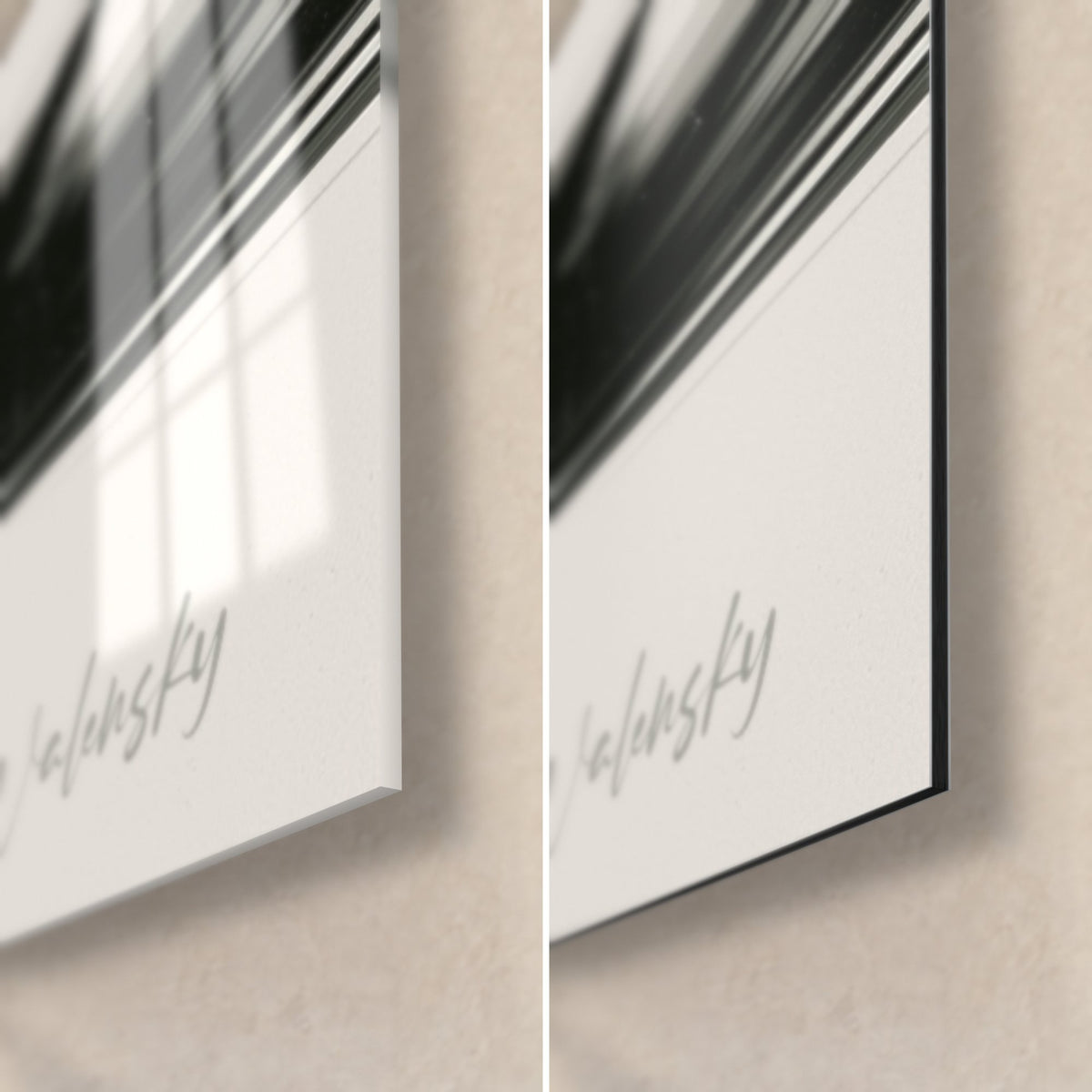 Quadro uccello acquatico bianco, firma grigia in basso a destra, riflessi lucenti del vetro e bordo nero di 3 mm in Dibond
