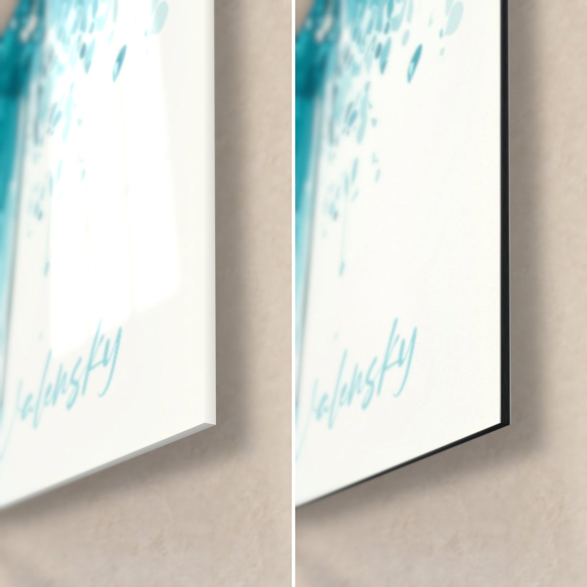 Tableau cygne en éclaboussures turquoise et corail, signature Walensky, tranche de 3 mm, verre brillant à gauche et Dibond noir à droite