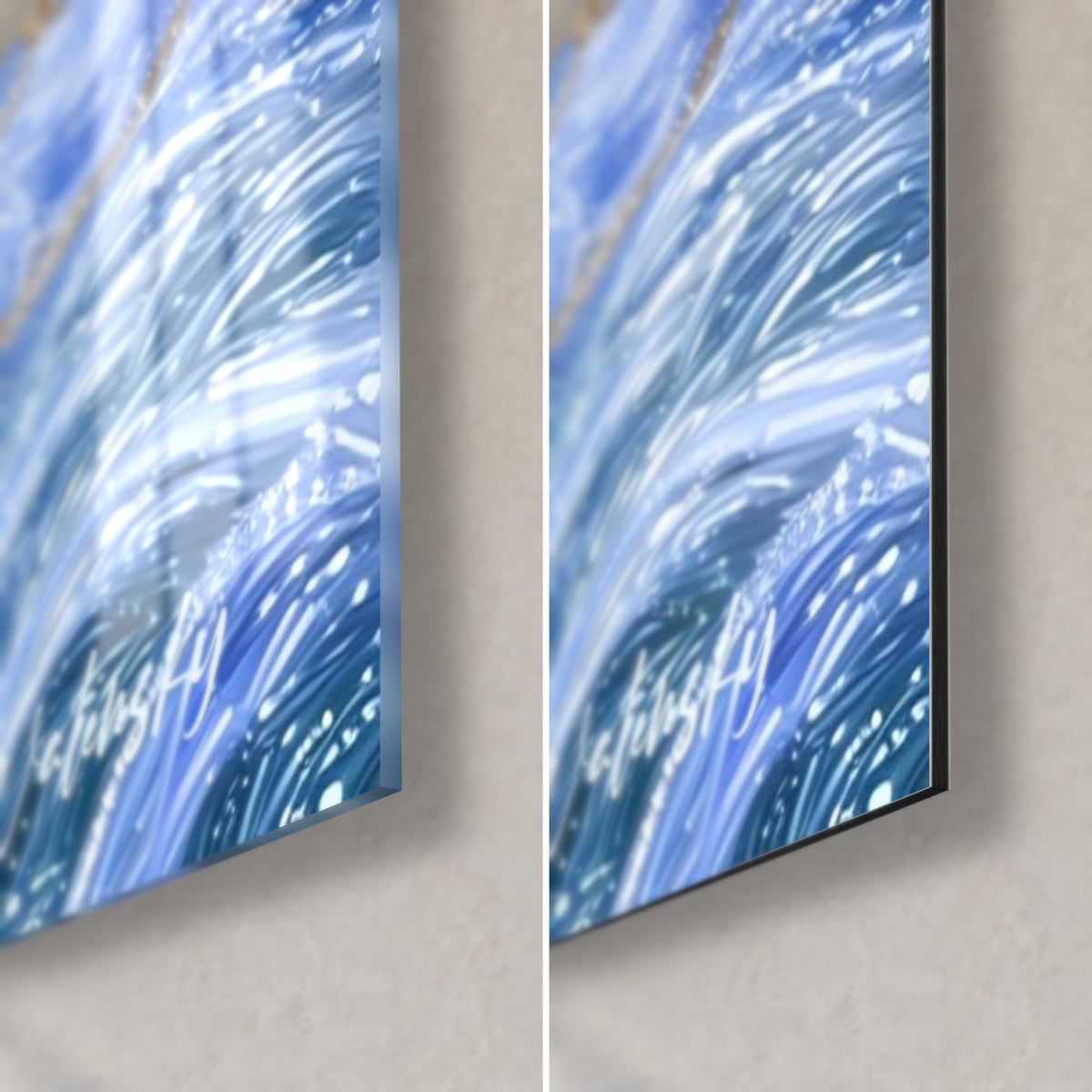 Quadro cigni a forma di cuore, angolo in basso a destra: colate blu reale e bianco perlato, vetro lucido e Dibond opaco, spessore 3 mm