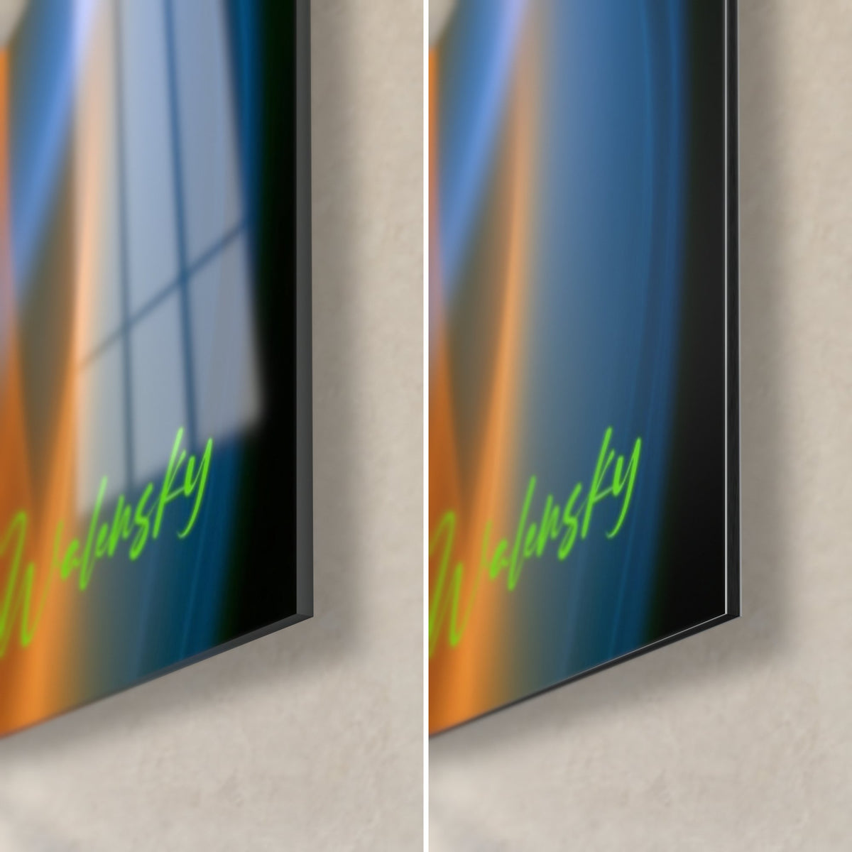 Schilderij van een zwaan in oranje en blauwe krullen, rechtsonder hoek, 3 mm dikke rand, glanzend glas dat het raam weerspiegelt en mat Dibond