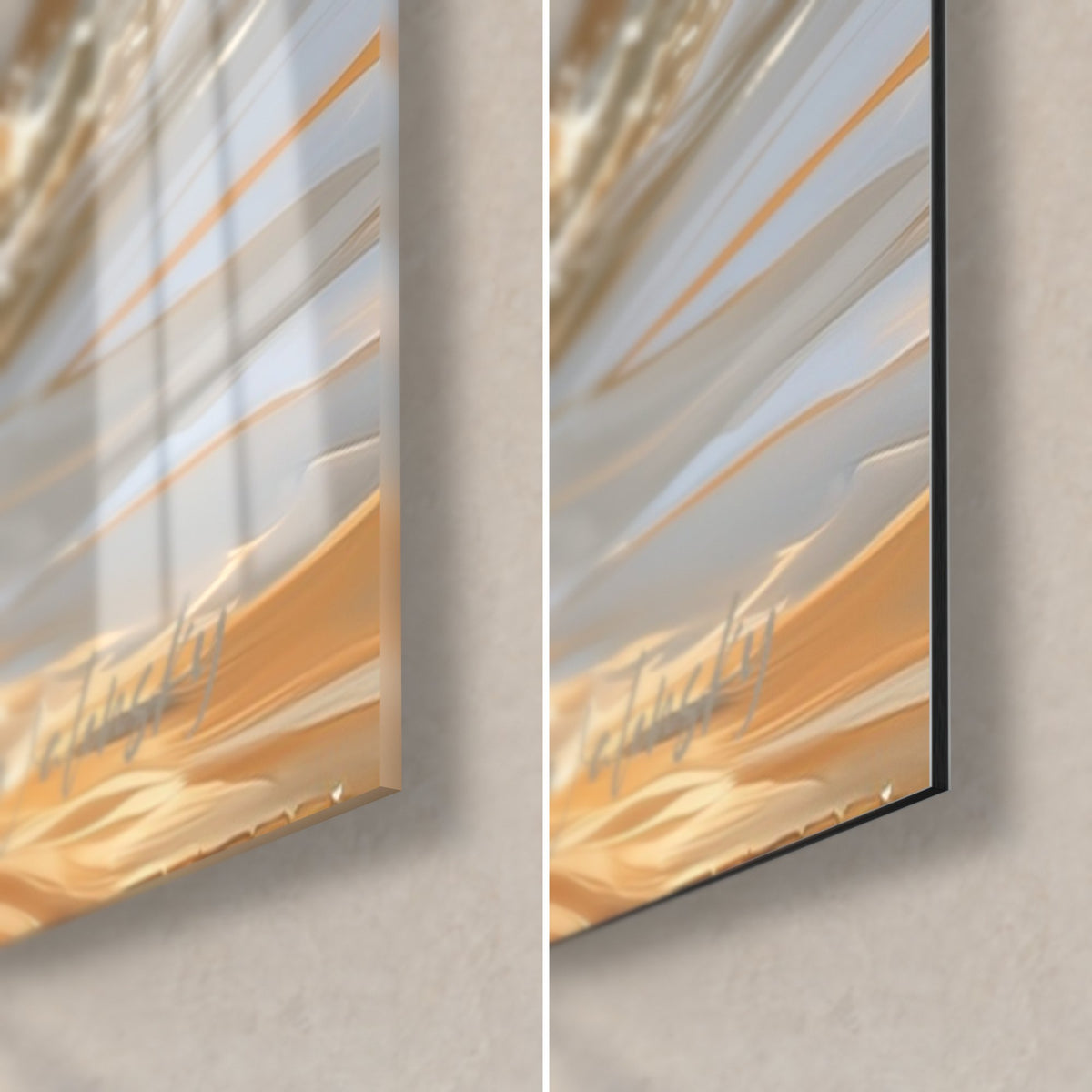 Tableau cygne ivoire aux plumes ambrées, coin bas droit : verre acrylique brillant à gauche, alu Dibond mat à droite, tranche de 3 mm