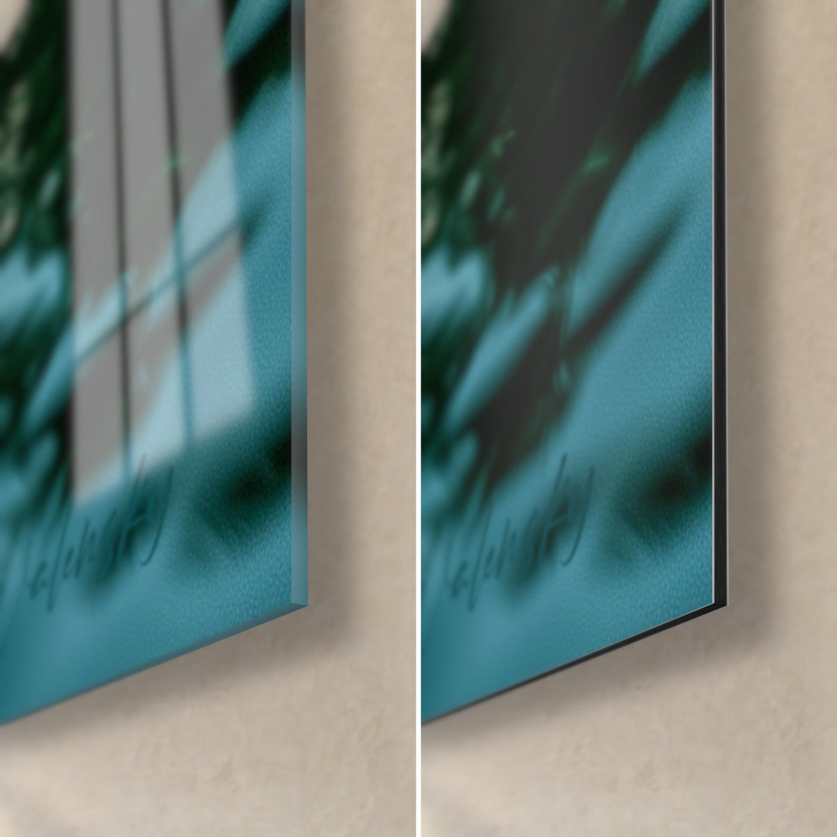 Quadro Cigno immacolato, angolo in basso a destra in vetro acrilico lucido e alluminio Dibond nero opaco, spessore 3 mm, toni turchese