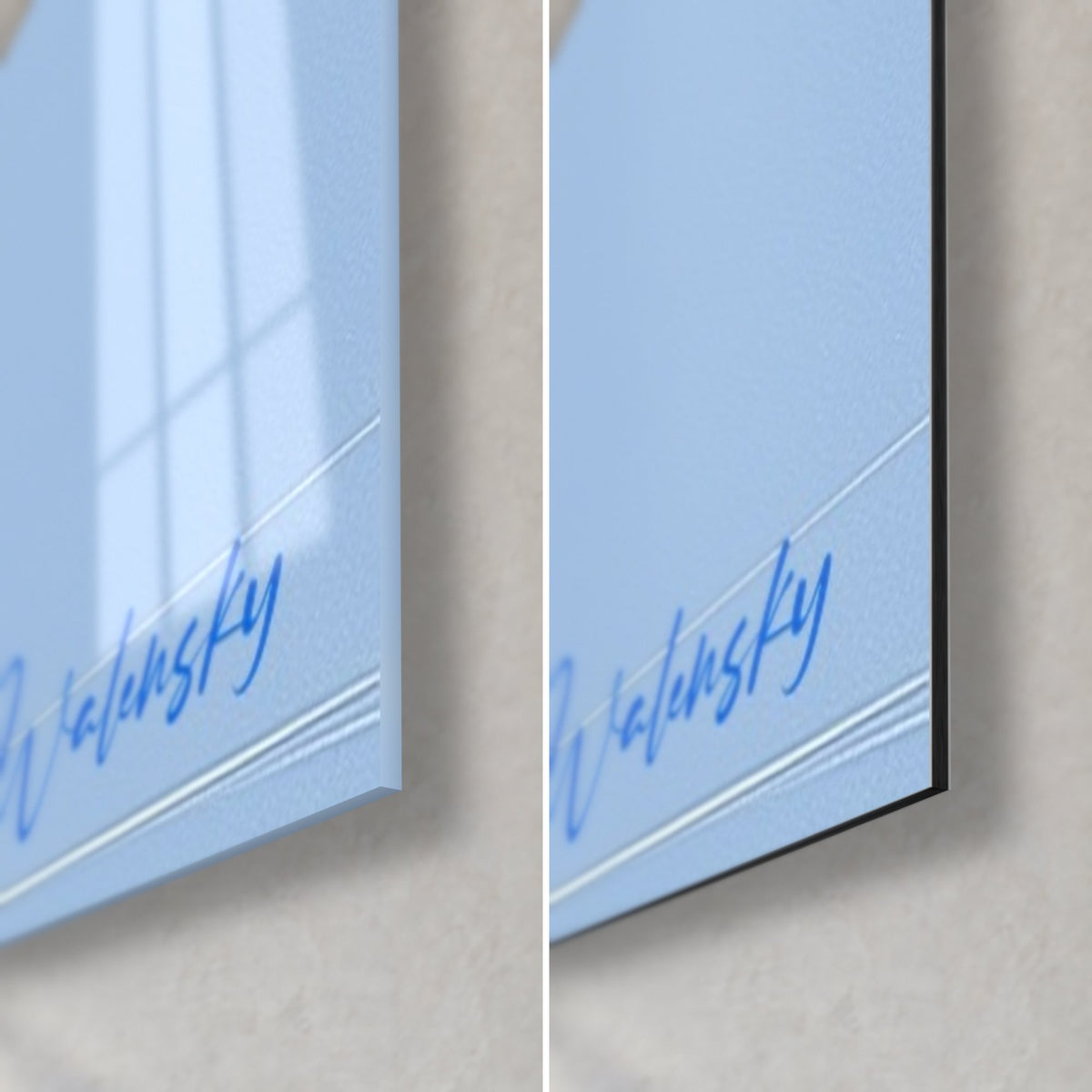 Tableau cygne blanc, signature Walensky bleu vif, coin bas droit en verre brillant et Dibond mat, tranche de 3 mm