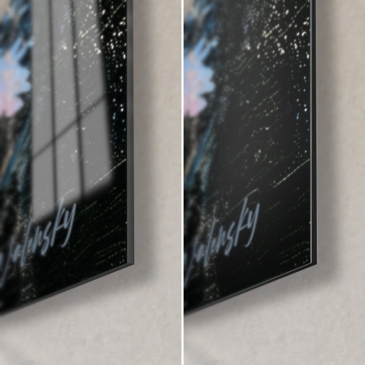 Tableau cygne rose et blanc, coin bas droit : verre acrylique brillant et Dibond mat noir, tranche de 3 mm, signature bleu pâle