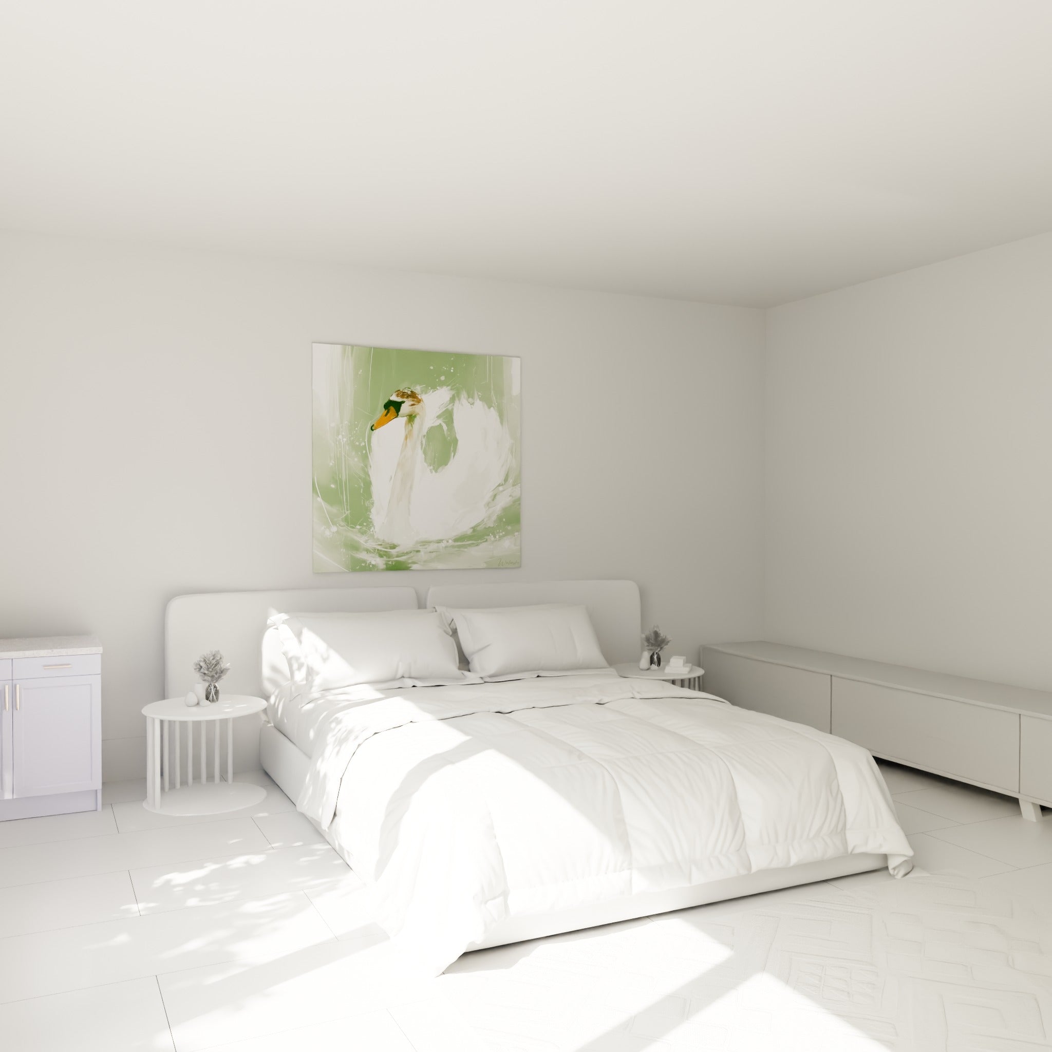 Cygne blanc et vert sauge glissant sur l'eau, accroché au-dessus d'un lit dans une chambre claire