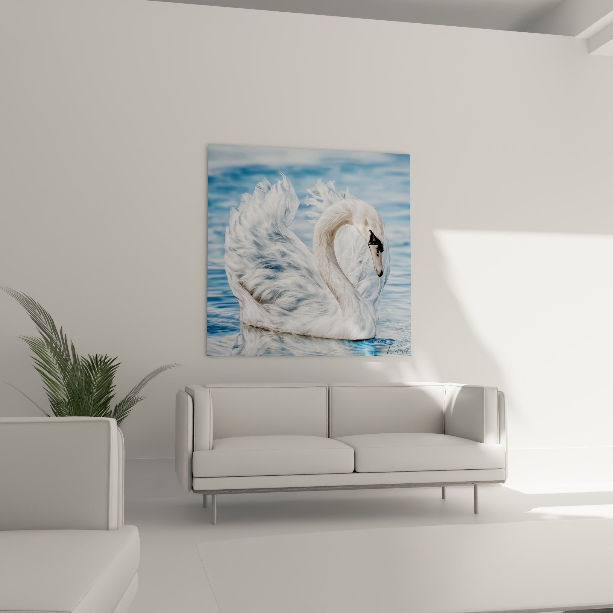 Cygne blanc gracieux sur une eau bleutée, bec noir et gris, au-dessus d'un canapé dans un salon lumineux