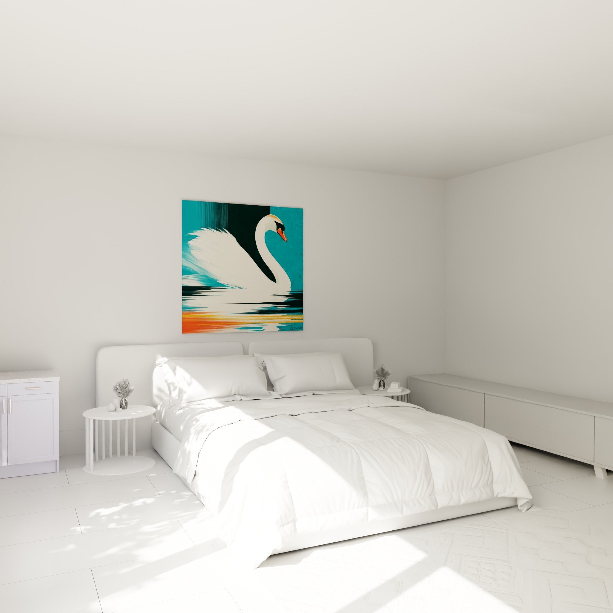 Cou gracile d'un cygne blanc et bec orangé, œuvre accrochée au-dessus d'un lit dans une chambre claire