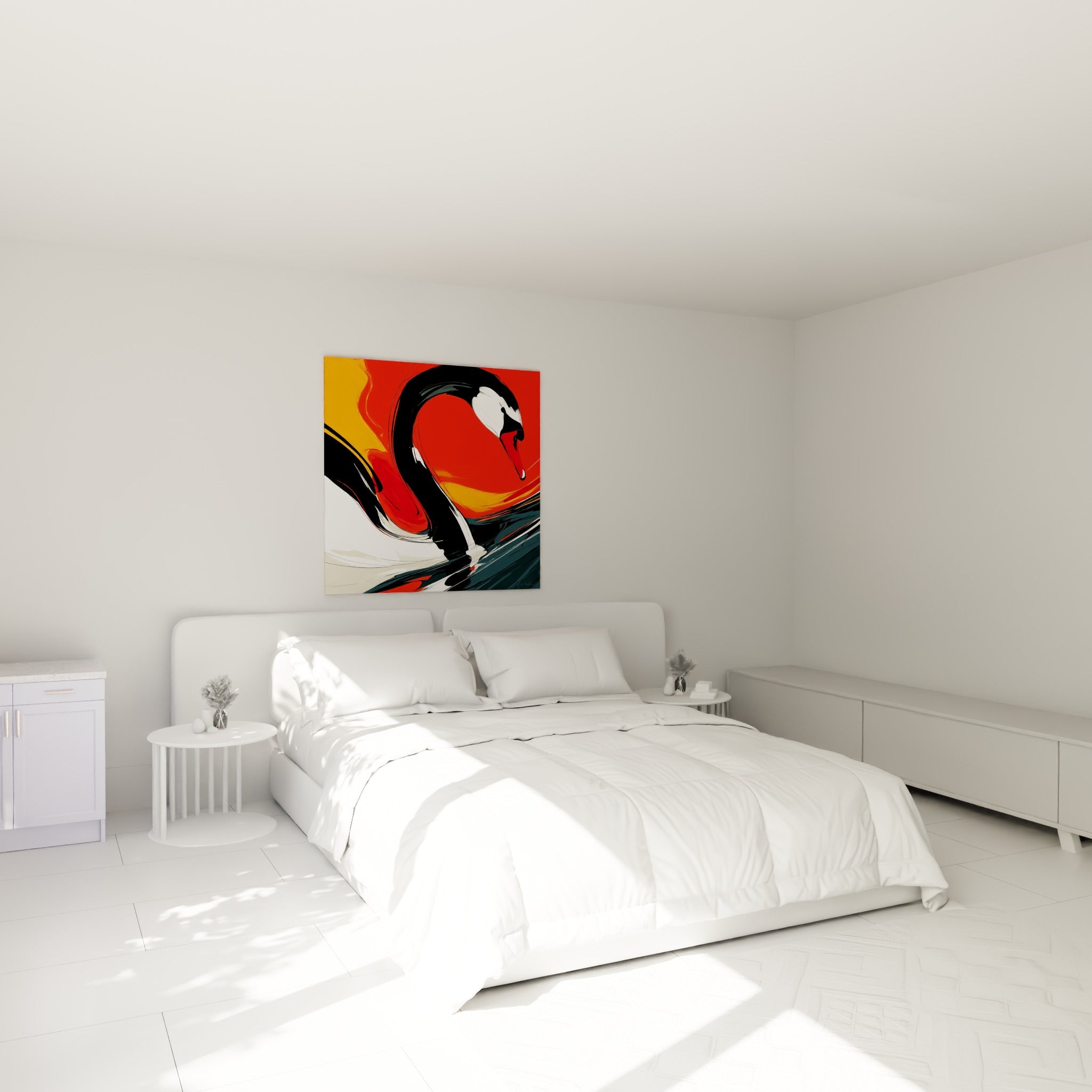 Cygne stylisé en noir et blanc sur fond rouge flamboyant, accroché au-dessus d'un lit dans une chambre claire