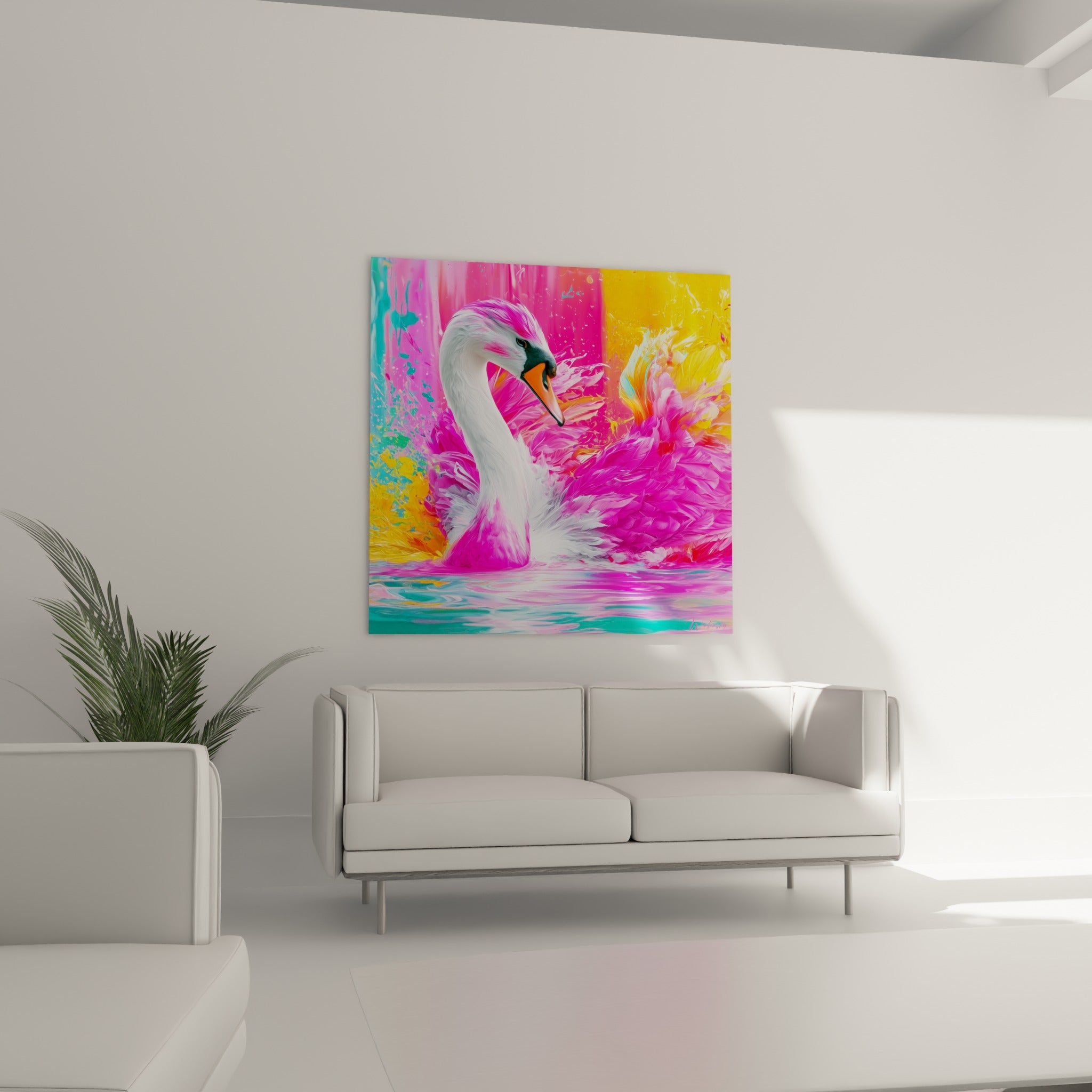 Cou gracieux du cygne teinté de rose et blanc, disposé au-dessus d'un canapé dans un salon lumineux